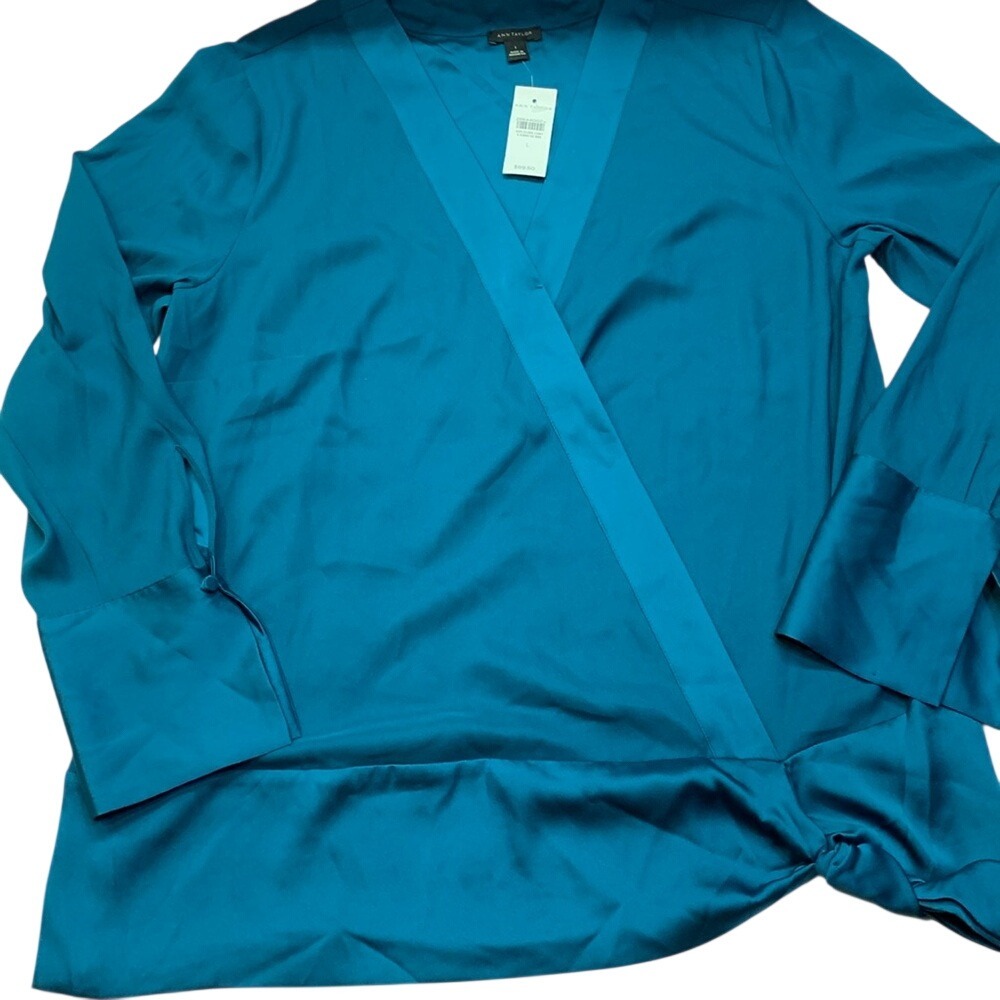 Ann Taylor Teal Blue Satin Wrap Blouse Side Tie V-Neck Long Sleeve Top NWT Large